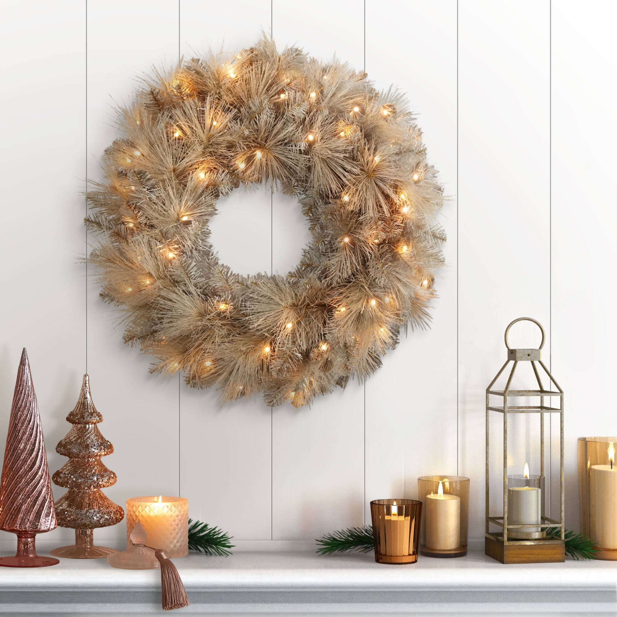 24" Pre-Lit Tan Artificial Wreath, Warm White LED Lights